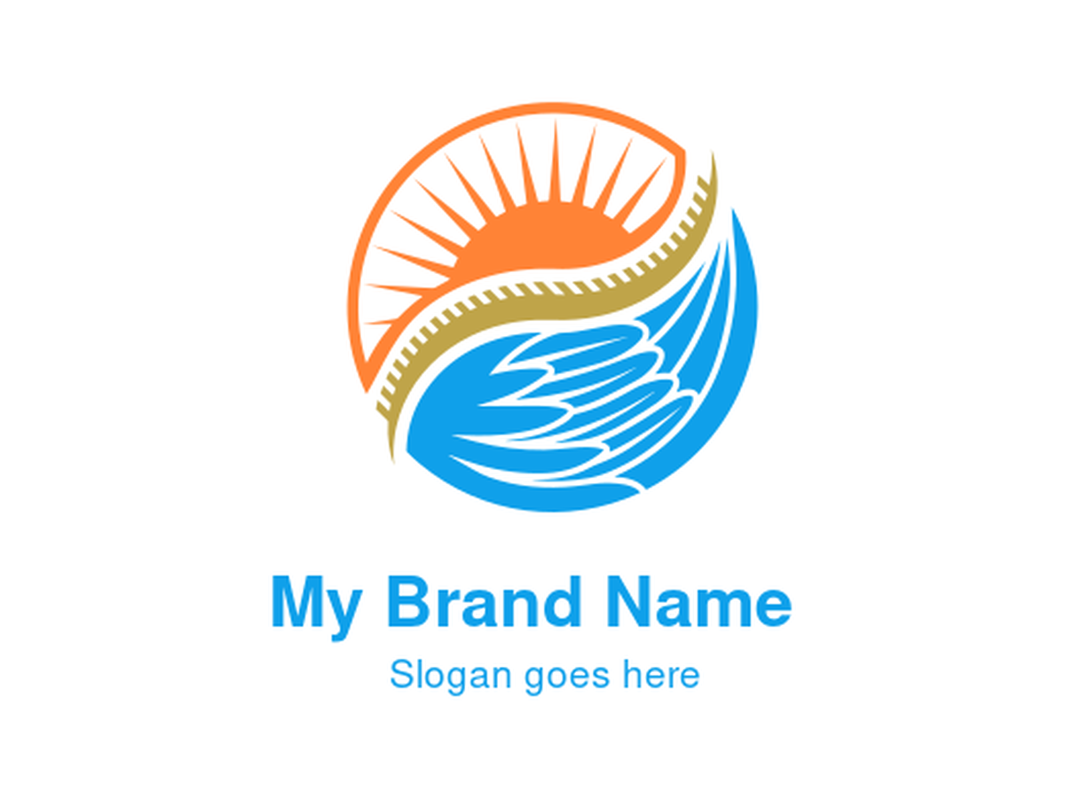 Abstract Yin-Yang Inspired Circle with Golden Sun Rays, Blue Feathered Wing, and Central Vertebrae-like Spine Logo - Holistic Energy, Flight, Nature, and Balanced Growth